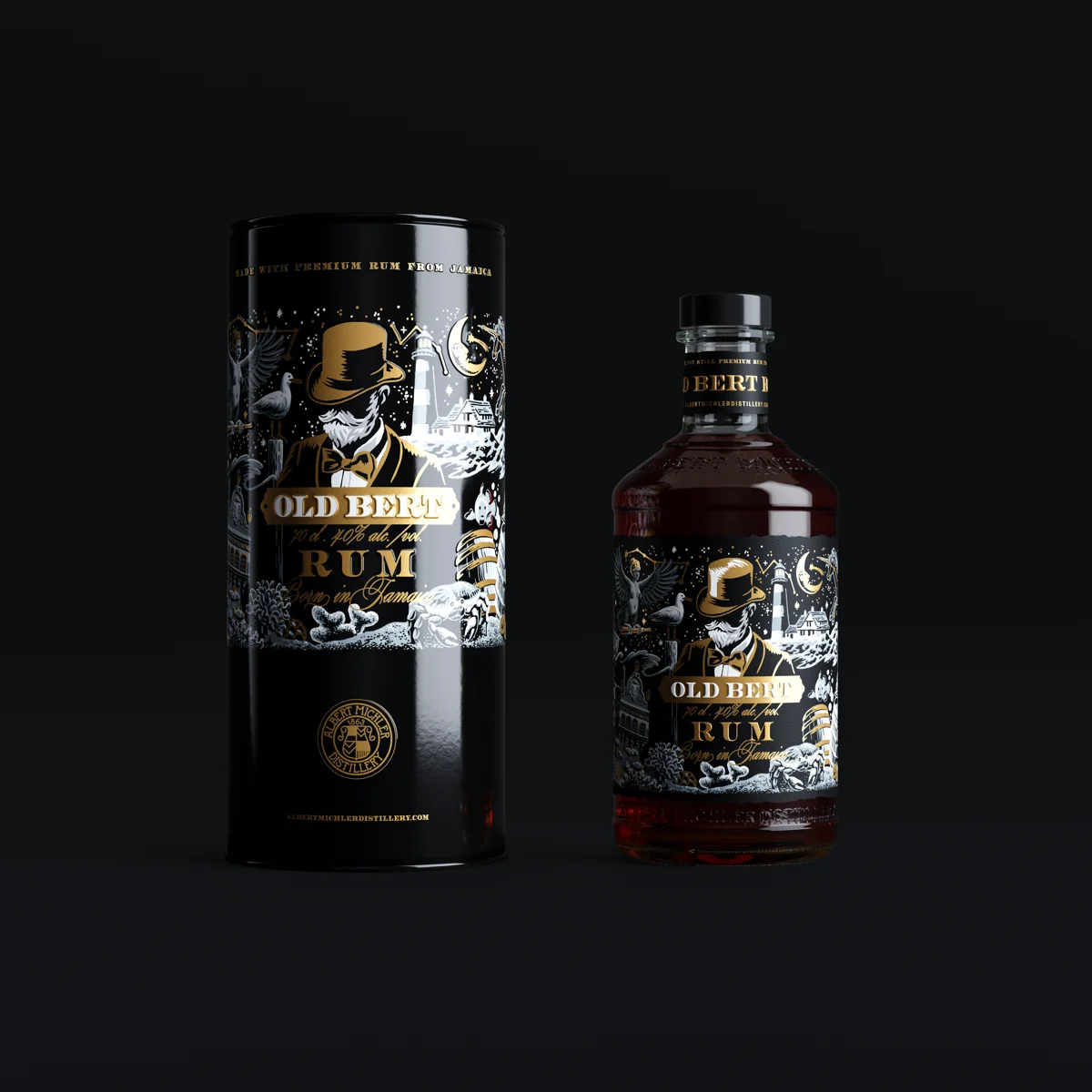 Render dárkového setu Old Bert Rum, tuba a láhev se zlatou fólií